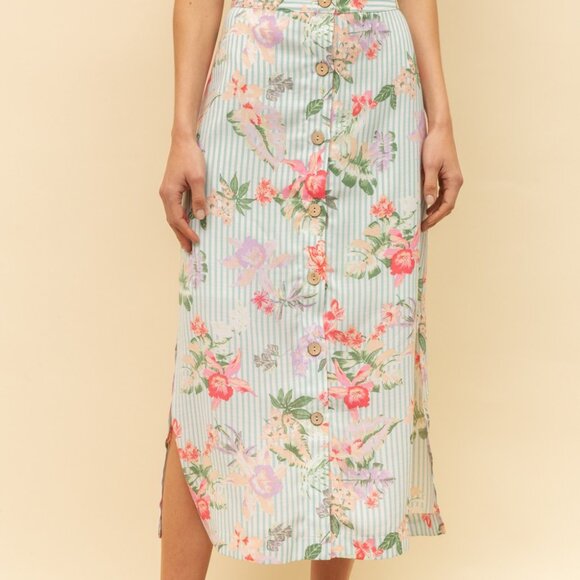 HEM & THREAD Floral Button-Front Midi Skirt | Mint Stripe Garden Print - Picture 1 of 8